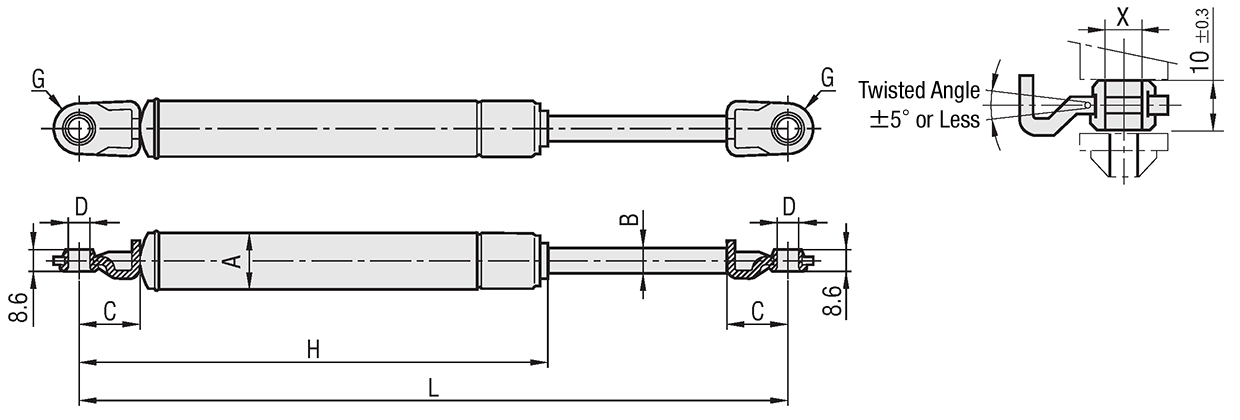 Gas Springs - Mounting Orientation Free, High Gas Reaction Force, Resin Bushing-Included Type: Related Image