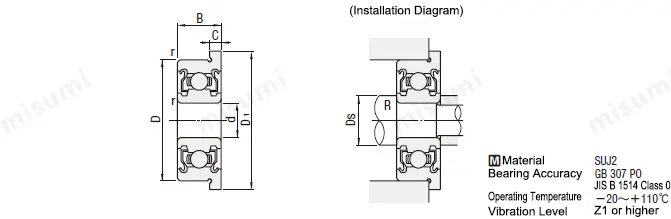 Small diameter deep groove ball bearing Double shielded Dimensional and assembly drawing