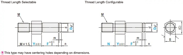 Hex Cantilever Pins Standard/Retaining Ring Dimensional Drawing