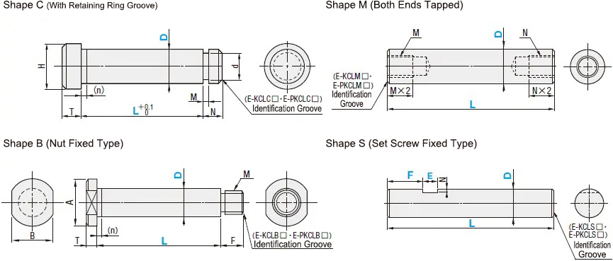 Pivot Pins Shouldered, Lock Nut, Dimensional Drawing