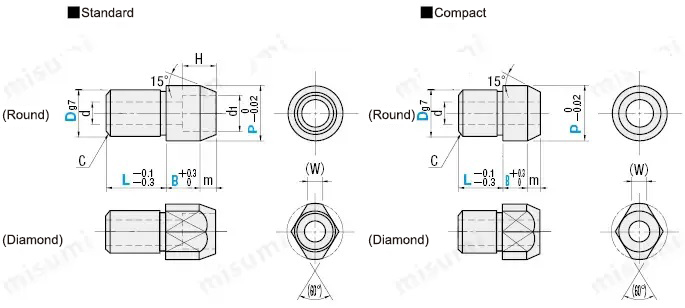 Locating Pins Large Head, Tapered, Screw Mounted, Standard/Compact, Dimensional Drawing