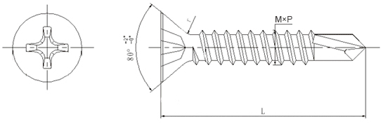 DIN7504P Cross Recessed Countersunk Head Drilling Dimensional Drawing