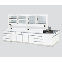 Central Laboratory Bench Wooden White Type, Riser Type, Side Sink, with Reagent Shelf 2400 x 1200 x 800/1870