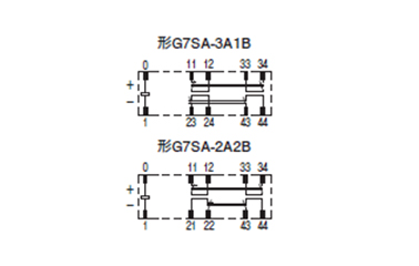 Model G7SA-3A1B, Model G7SA-2A2B terminal layout / internal schematics