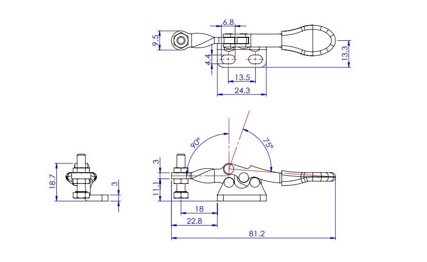 Toggle Clamp - Horizontal - Fixed-Main-Axis Arm (Flange Base) GH-201-AL 