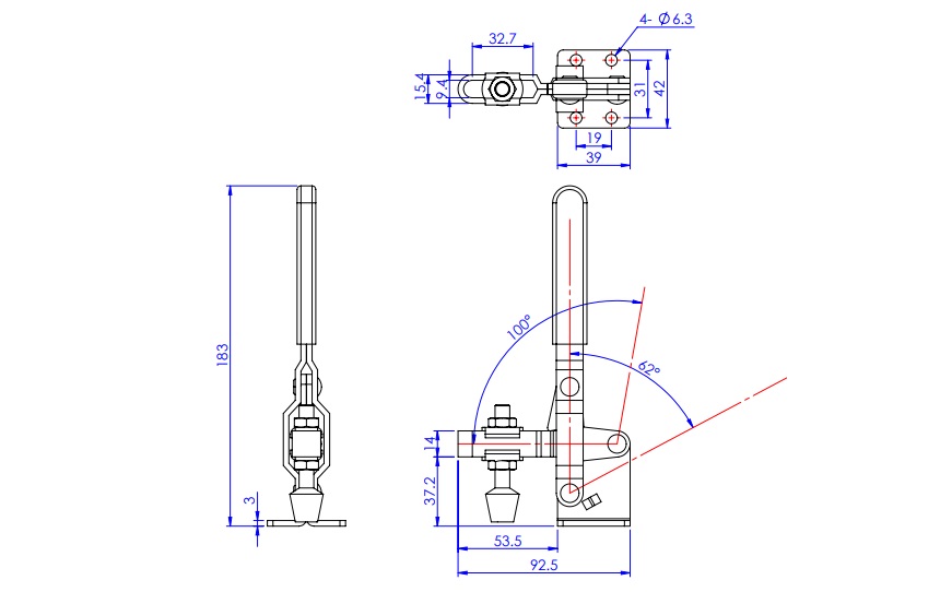 Toggle Clamp - Vertical-Handled - U-Shaped Arm (Flange Base) GH-101-DL 