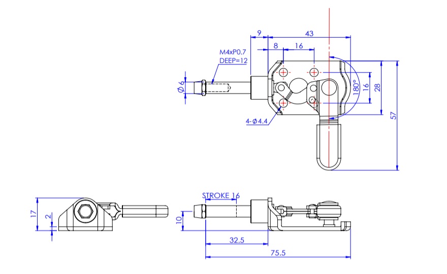 Toggle Clamp - Push-Pull - Flanged Base, Stroke 15.9 mm, Straight Handle, GH-301-CML