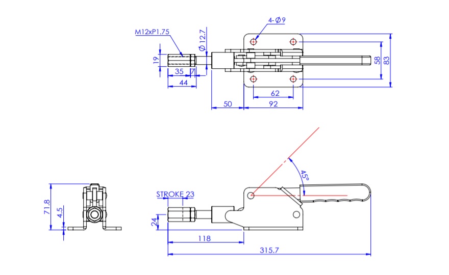 Toggle Clamp - Push-Pull - Flanged Base, Stroke 23 mm, Straight Handle, GH-30290M