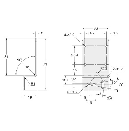 Drawing of Mounting Bracket E39-L196 for Photoelectric Sensor E3ZR-C