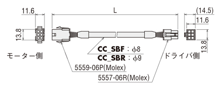 スピードコントロールモーター BXシリーズ用接続ケーブル モーター用ケーブル外形図