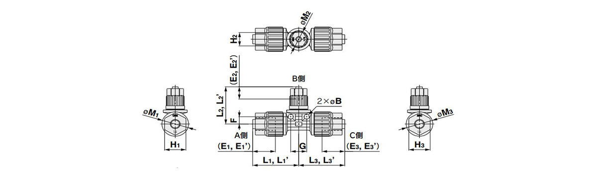 Union Tee reducing: LQ3T-R Outline Drawing 