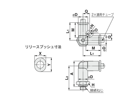 Delta Union Fitting: KQ2D-G (Gasket Seal) Dimensional Outline Drawing 