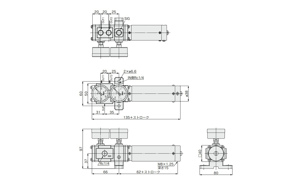 Cylinder Positioner IP200 Series: dimensional drawings
