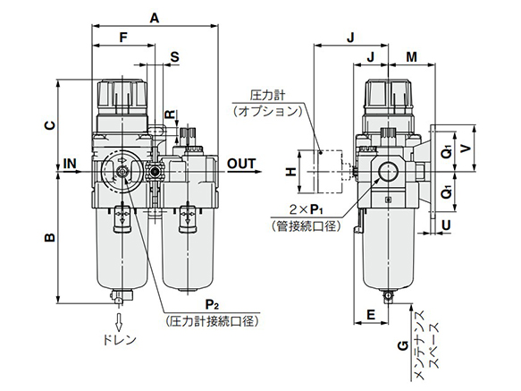 AC30A-A to AC40A-06-A dimensional drawing