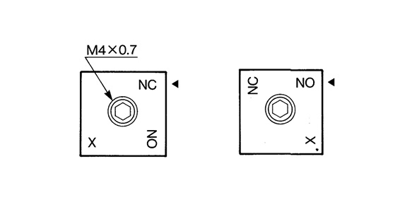 Illustrations showing changing of the fluid passage condition (left image: N.C. / right image: N.O.)