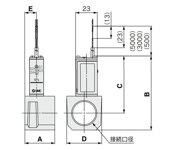 Bản vẽ kích thước của IS10E (công tắc áp suất với bộ chuyển đổi đường ống)