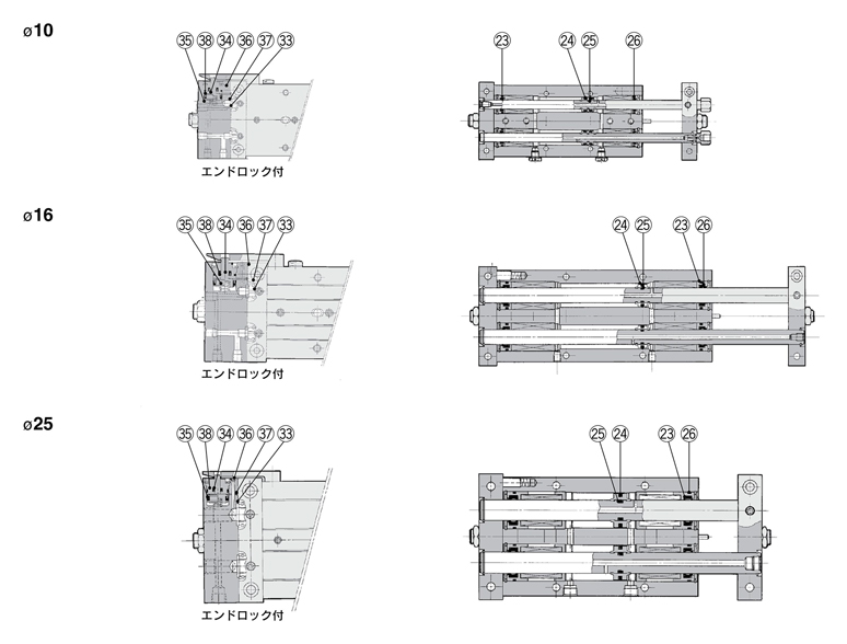 Structural drawing of slide unit, CX Series, seal set, CXWL type ø10, ø16, ø25