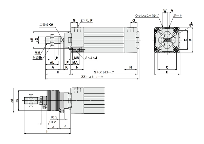 Improved water resistance, square tube type air cylinder, standard type, double acting / single rod, MB1 series, drawing 02